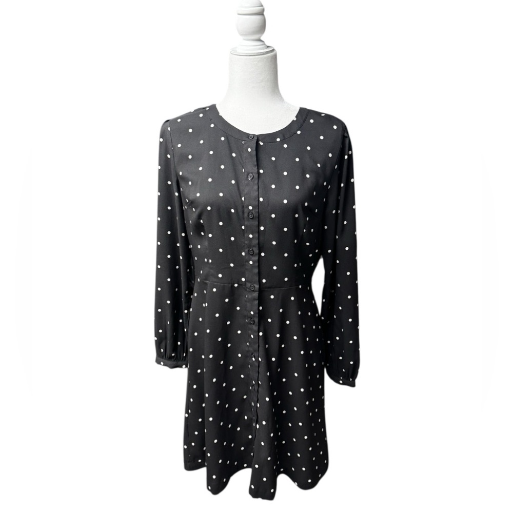 LOFT Black White Polka Dot dress size 6 button up front knee length long sleeve